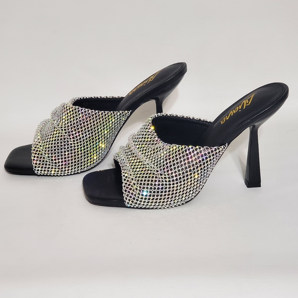 Liliana Black and Silver Fishnet Women's Heels - Picture 2 of 7